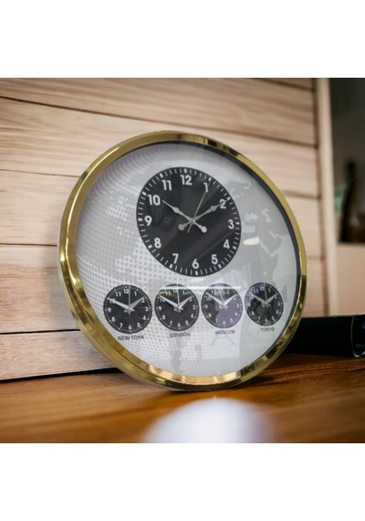 Dünya Saatleri Otel Duvar Saati Metal Gold Çerçeve Çap 52 Cm Altın