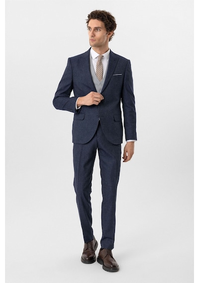 Süvari Lacivert Slim Fit Desenli Sivri Yaka 6 Drop Yelekli Klasik Takım Elbise