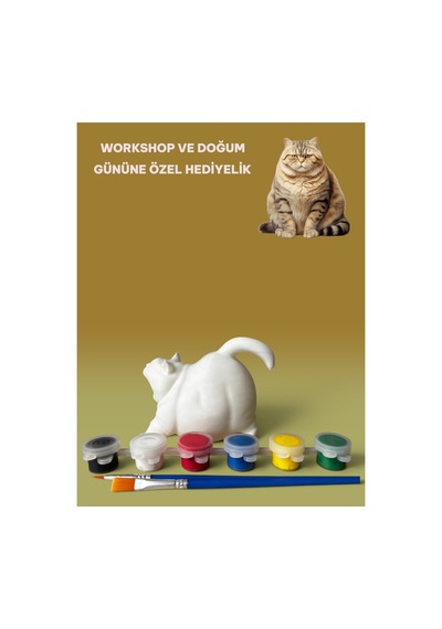 3d Tombul Kedi Figür Boyama Seti - Kendin Boya Hobi Ve Etkinlik Seti - Akrilik Boya + 2 Fırça
