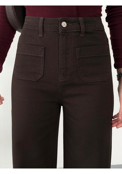 Kadın Kahverengi Ön Cepli Wide-leg Jean Yüksek Bel Geniş Paça Kot Pantolon Kahverengi
