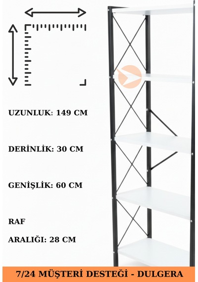 5 Raflı Metal Kitaplık Şık Tasarımlı Çalışma Odası Rafı, Çok Amaçlı Raf Beyaz