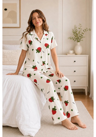 Northcity Ekru Çilek Desenli Kısa Kollu Gömlek Yaka Milan Kumaş Kadın Pijama Takımı