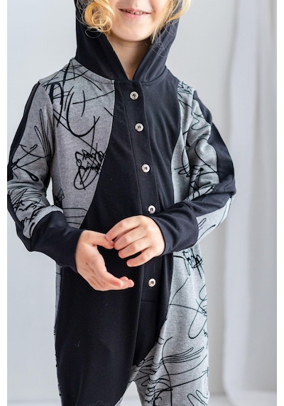 Oliven The Kid Oliventhekid Siyah Gri Ince Triko Geometrik Desenli Kapişonlu Önden Düğmeli Kışlık Unisex Çocuk Tulum Bej Bej
