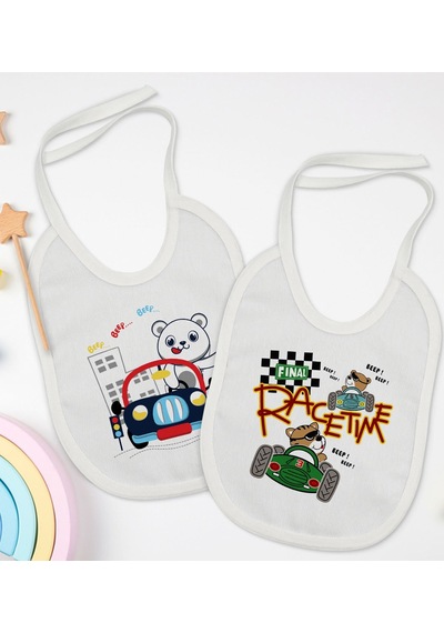 BK Kids Sevimli Sürücü Tasarımlı 2’li Beyaz Mama Önlüğü-1 Beyaz