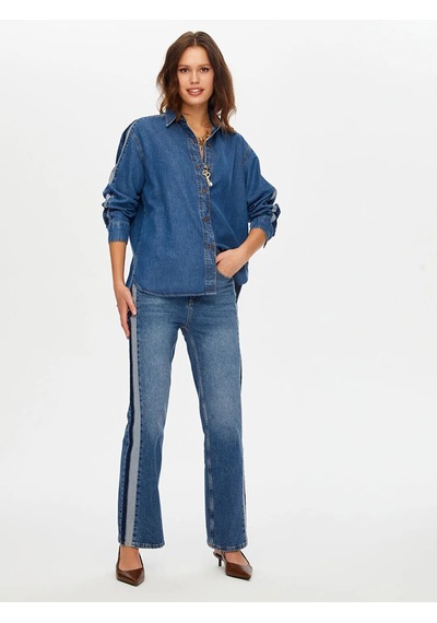 Faik Sönmez Kontrast Bant Detaylı Wide Leg Fıt Kadın Jean Pantolon W26jpn004 İndigo
