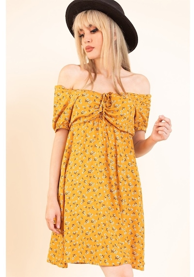 Aqe Fashion Kadın Hardal Önü Büzgülü Beli Lastikli Elbise Hardal