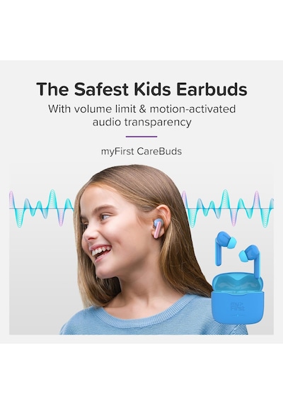 Myfirst Carebuds Çocuklar İçin Kablosuz Kulak İçi Kulaklık 3 12 Yaş 85 Db Güvenli Ses Sınırı Akıllı Şeffaflık Modu Kayıp Önleyici Askı 25 Saat Pil Mavi