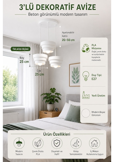 Katmera Üçlü Avize - 25 Cm Eskit Beton Görünümlü Basamak Desenli Sarkıt Avize - Beyaz