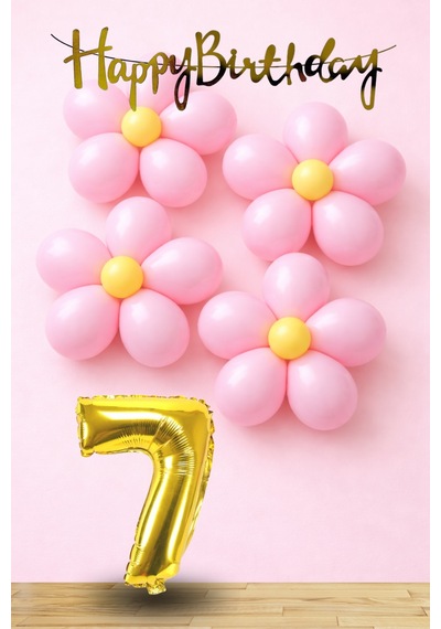 7 Yaş Pembe Sarı Papatya Temalı Gold Rakam Gold Happy Birthday Banner Doğum Günü Süsleme Altın - Pembe