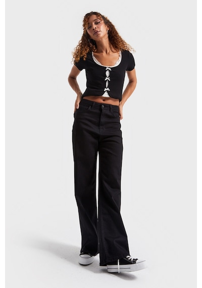 Itsbasic Kadın Siyah Renk 1w5-1 Esnek Likralı Kumaş Wide Leg Fit İç Boy 80cm Denim Jean
