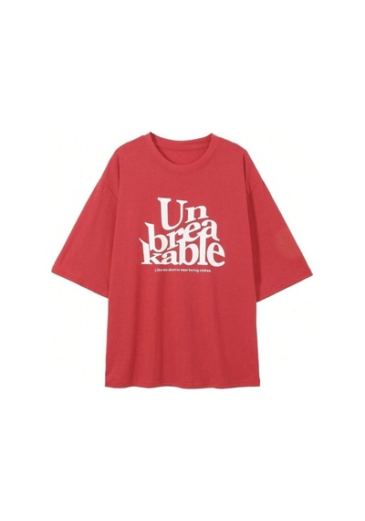 Kable T-shirt - Kırmızı Oversize Baskılı Bisiklet Yaka Kirmizi