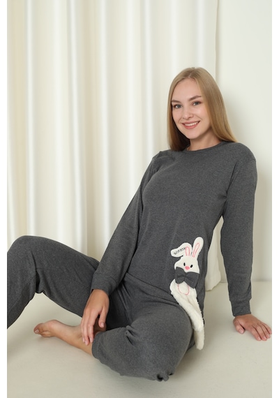 Wordex Fawn 4002 İnterlok Kışlık Tavşanlı Kadın Ev Pijama Takımı Antrasit