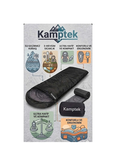 Kamptek Uyku Tulumu -10 C Dört Mevsim, Hafif Ve Dayanıklı Kamp Uyku Tulumu Taşıma Çantalı Siyah