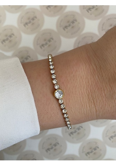 Pinery Jewels Oval Zirkon Taşlı Çelik Kararmaz Kelepçe Kadın Bileklik Altın