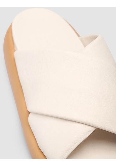 %100 Hakiki Deri Kırık Beyaz Kadın Terlik Beyaz