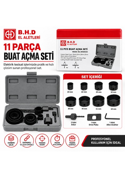 Bhd 11 Parça Buat Açma Seti Bhd00263 19mm-64mm Boyutlarıyla Dayanıklı Materyal