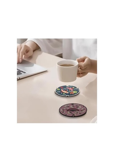Mdf 6'lı Bardak Altlığı, Japon Sanatı Temalı 10 Cm Tasarım 124-Pembe