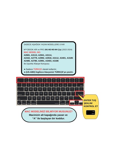Apple Uyumlu MacBook Air Pro Klavye Kılıfı Us-tr Baskı A2681 A2941 A2442-85 A2779-80 A2992-18 A2991 Siyah