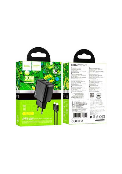 Hoco. Cs23a Sunlight 30w 1 Adet Type-c Ve 1 Adet Usb 3.0 Qc Çıkışlı Ekstra Type-c To Lightning Kablolu Pd Hızlı Şarj Aleti - Siyah