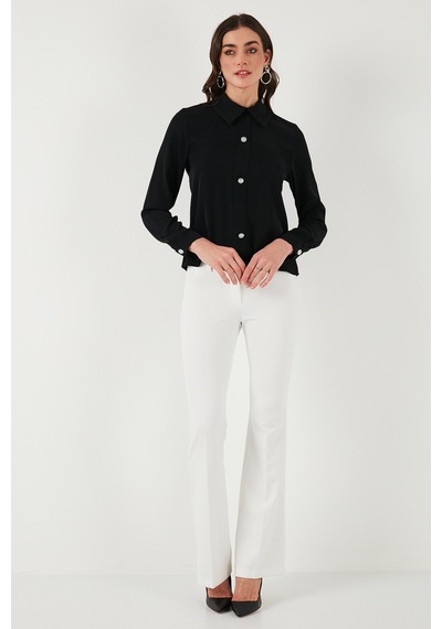 Lela Taşlı Regular Fit Gömlek Yaka Fermuarlı Bayan Bluz 611Bz0493 Siyah