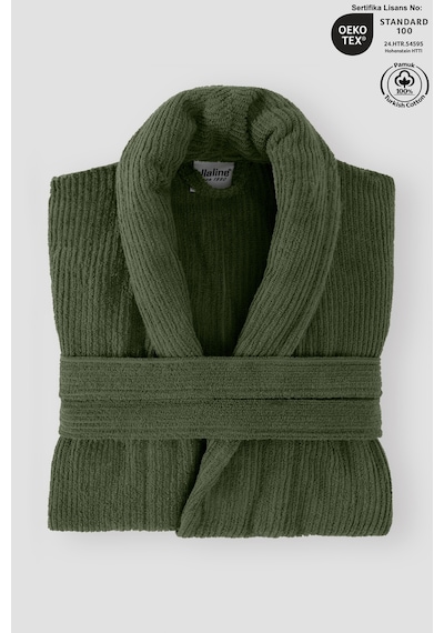 Yeşil Çizgili Bornoz %100 Sertifikalı Pamuk Şal Yaka Unisex Banyo Bornoz / Sabahlık 340 Gr/m2
