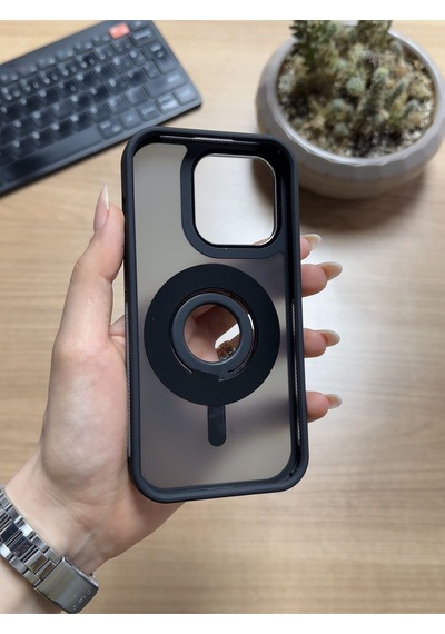 Apple Uyumlu iPhone 14 Pro Standlı Ve Yüzüklü Magsafe Kılıf Soocase721 Siyah