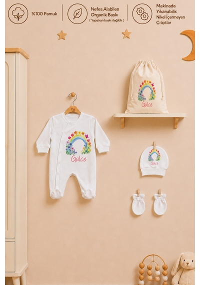 Pia Baby İsme Özel Kız Bebek Tulum %100 Pamuk Organik Baskılı İsimli Bebek Tulumu Ham Bez Kıyafet Kesesi Bebek Hediye Seti 1060tk0x Ekru