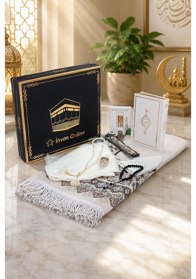 Özel Kabe Motifli Kutulu Seccadeli Kuranı Kerim Hac Umre Hediyelik Set - Krem