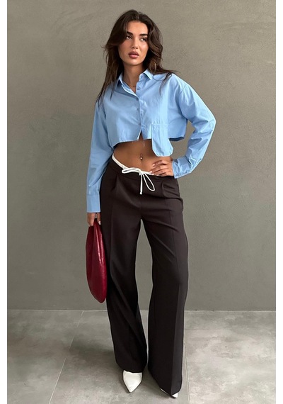 Madmext Acı Kahve Çift Bel Bantlı Wide Leg Kadın Pantolon Mg2551 Acı Kahverengi