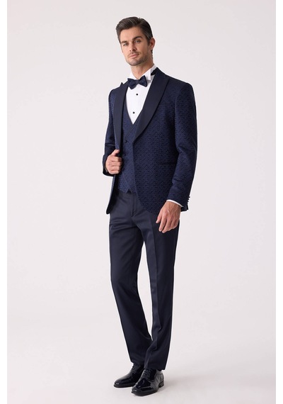 Ysf Erkek Lacivert Damatlık Slim Fit Kırlangıç Yaka Desenli