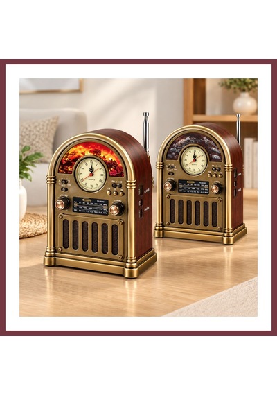 Storeşahin Saatli Retro Şömine Radyo Hoparlör - Bluetooth Usb Type-c Shn0720