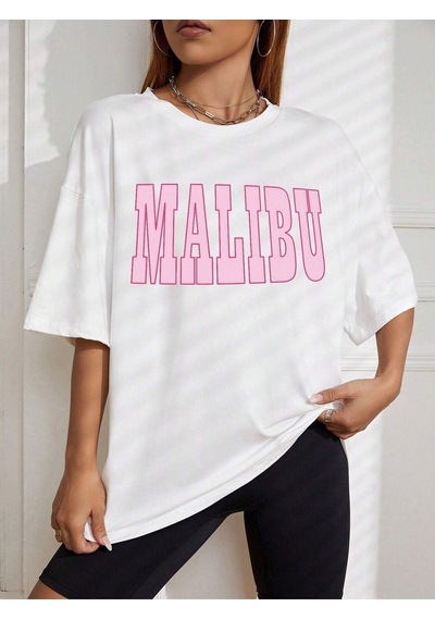Malibu T-shirt - Beyaz Baskılı Oversize Bisiklet Yaka Kısa Kol Tişört Beyaz