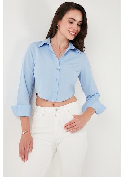 Lela Pamuk Karışımlı Slim Fit Uzun Kollu Crop Bayan Gömlek 6777336 Bebe Mavi
