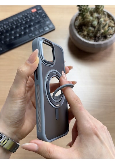 Apple Uyumlu iPhone 15 Pro Standlı Ve Yüzüklü Magsafe Kılıf Soocase721 Gri
