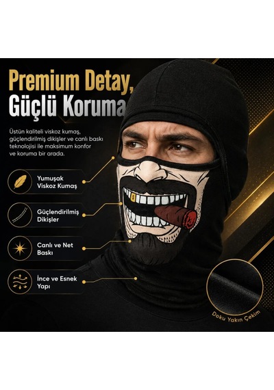 Ulupazarlama Unisex Bıyık Puro Baskılı Balaklava 1 Adet Tek Beden Viskoz Kask İçi Motosiklet Maskesi Siyah