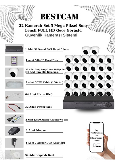 32 Kameralı Set 5 Mp Sony Lensli Full Hd Dome Kamera 500 Gb Hdd