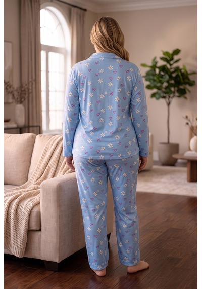 Seboteks Süet Kumaş Önden Düğmeli Büyük Beden Kadın Pijama Takımı 2800 Mavi