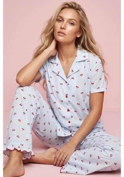 Siyah İnci İnce Soft Örme Mevsimlik Düğmeli Pijama Takımı 8043 mavi