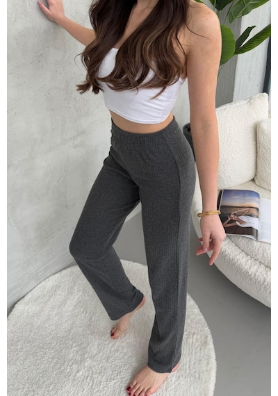 Kadın Füme Yüksek Bel Fitilli Bol Paça Günlük İnce Eşofman Altı Pijama Füme