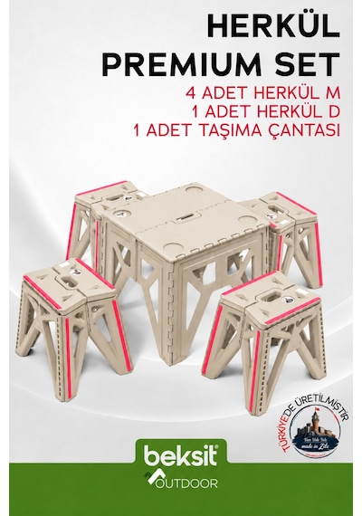Outdoor Herkül Premium Katlanır Kamp Masa Takımı Seti-bej Çantalı Bej Bej