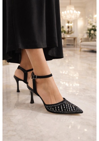Modaonn Kadın Taş İşlemeli Slingback İnce Topuk Ayakkabı Siyah