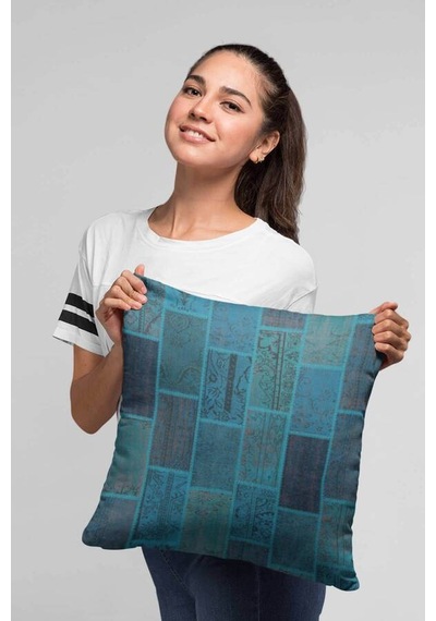 Turkuaz Patchwork Çift Taraflı Yastık Kırlent Kılıfı Krl294n11
