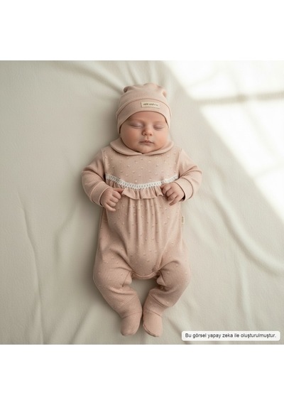 Ürünya Kız Bebek Uzun Kollu Bereli Fırfırlı 2'li Tulum Takım Pudra
