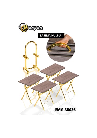 Eranş Serisi 4'lü Katlanır Mdf Mebran Ahşap Çanta Zigon Sehpa Gold Ayak Koyu Barok Desen Gold Ayak