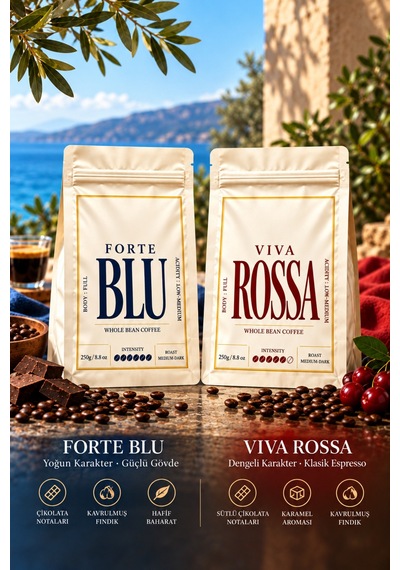 Barvenzo Forte Blu + Viva Rossa 250 G 2 İkili Kahve Serisi Çekirdek Kahve Moka Pot