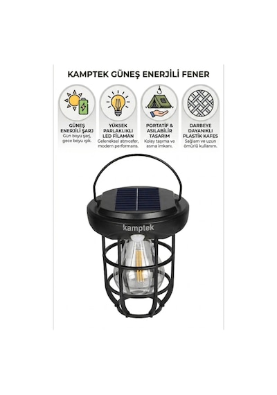 Kamptek Güneş Enerjili Solar Kamp Dış Mekan Bahçe Kapı Feneri - Askılı Nostaljik Filaman Led Kamp Lambası Siyah