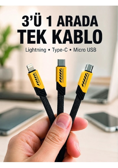 3'lü Şarj Kablosu Hızlı Şarj Destekli Dayanıklı Örgü Usb Kablo