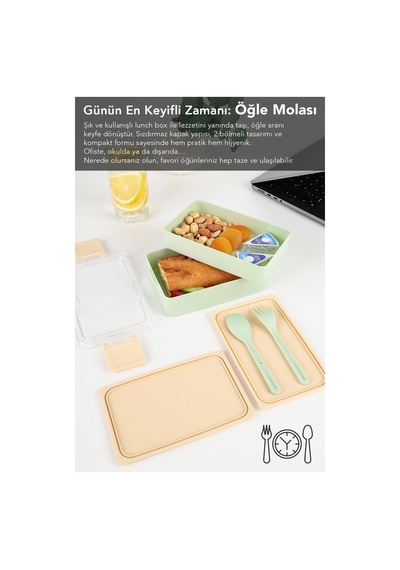 2 Katlı Kilitli Beslenme Kabı - Kendinden Çatal Kaşıklı Lunch Box Beslenme Kutusu Saklama Kabı Yeşil