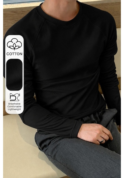 Tarz Cool Erkek Slim Fit Uzun Kollu Bisiklet Yaka Likralı Pamuk Tişört Siyah