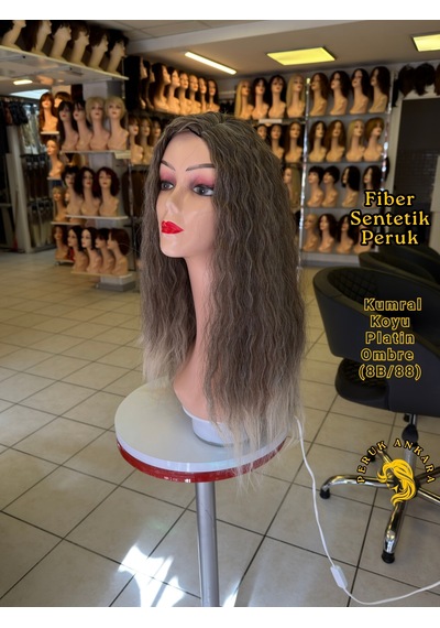 Afro Su Dalgası Peruk Fiber Sentetik Küllü Kumral Arası Işıltılı Platin Ombre